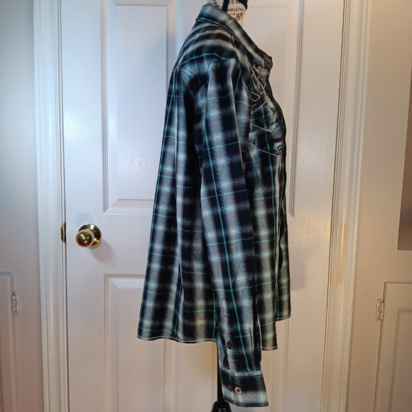 Oxygen NWOT Men's Turquoise Black Button Down Long Sleeve Graphic Shirt Size L - Picture 8 of 16